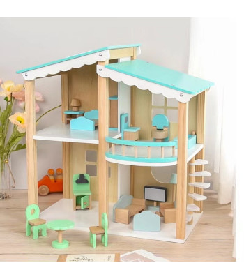 Blue Room Wooden Doll House with Furniture & Dolls