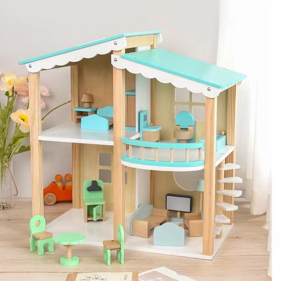 Blue Room Wooden Doll House with Furniture & Dolls Blue Room Wooden Doll House with Furniture & Dolls