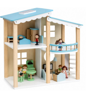 Blue Room Wooden Doll House with Furniture & Dolls