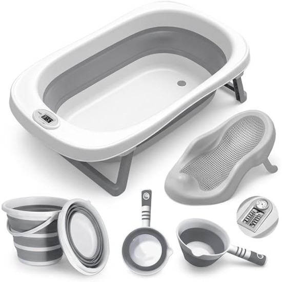 5-in-1 Baby Foldable Bath Set with Bath Support, Bucket & Thermometer